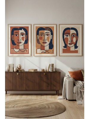 Tontilika Soyut Yüz Portreleri 3’lü Ahşap Çerçeveli Tablo Seti