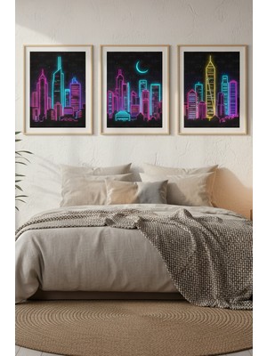 Tontilika Neon Şehir Silüeti 3’lü Modern Ahşap Çerçeveli Tablo Seti - Yatak Odası Dekoru