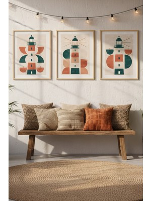 Tontilika Deniz Feneri 3’lü Geometrik Ahşap Çerçeveli Tablo Seti - Modern Duvar Dekoru