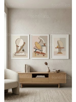 Tontilika Modern Geometrik Sanat 3’lü Ahşap Çerçeveli Tablo Seti