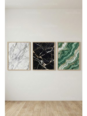 Tontilika Luxury Marble Abstract 3’lü Ahşap Çerçeveli Tablo Seti