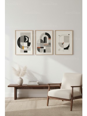Tontilika Modern Soyut Geometrik Renk Blokları 3’lü Ahşap Çerçeveli Tablo Seti