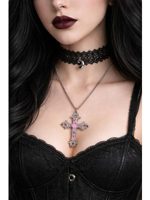 Herşey Nota Pembe Detaylı Gotik Haç Kolye Gümüş Renk Zincir Unisex