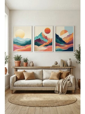 Tontilika Gün Batımı Dağ Manzaraları 3’lü Ahşap Çerçeveli Tablo Seti