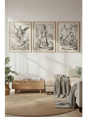 Tontilika Antik Yunan Mitolojisi 3’lü Ahşap Çerçeveli Tablo Seti - Zeus, Athena ve Herakles