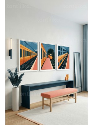 Tontilika Tren Temalı Modern Demiryolu Manzaraları 3’lü Ahşap Çerçeveli Tablo Seti