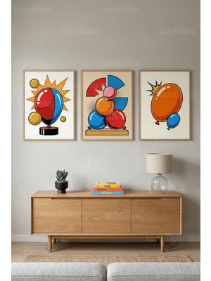 Tontilika Renkli Pop Art Balon ve Soyut Tasarımlar 3’lü Ahşap Çerçeveli Tablo Seti
