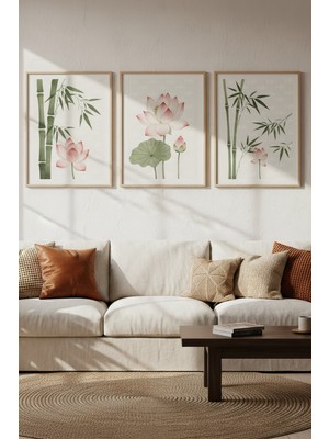 Tontilika Lotus Çiçeği ve Bambu 3’lü Modern Ahşap Çerçeveli Tablo Seti - Salon Dekoru