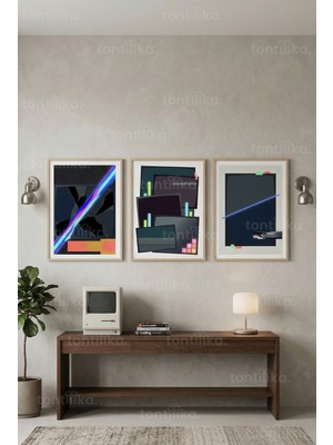Tontilika Modern Retro Dijital Sanat 3’lü Ahşap Çerçeveli Tablo Seti