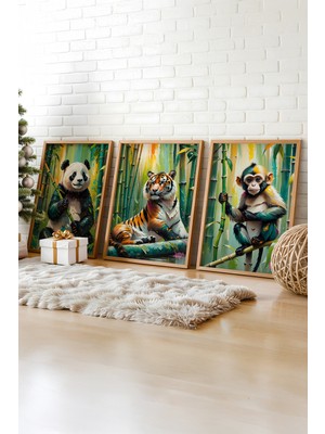 Tontilika Bambu Ormanı Hayvanları 3 Parçalı Ahşap Çerçeveli Tablo Seti