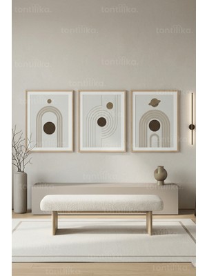 Tontilika Doğal Tonlarda Minimalist Soyut 3’lü Ahşap Çerçeveli Tablo Seti