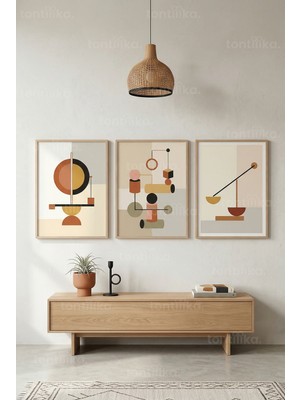 Tontilika Modern Soyut Geometrik 3’lü Ahşap Çerçeveli Tablo Seti