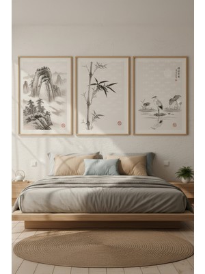 Tontilika Japon Sumi-E Sanatı 3’lü Ahşap Çerçeveli Tablo Seti - Doğa ve Minimalist Zen Tarzı