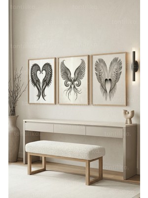 Tontilika Kanat Tüyü Modern Tasarım 3’lü Ahşap Çerçeveli Tablo Seti