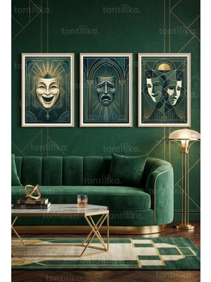 Tontilika Art Deco Zümrüt Yeşil Tiyatro Maskeleri 3’lü Ahşap Çerçeveli Tablo Seti
