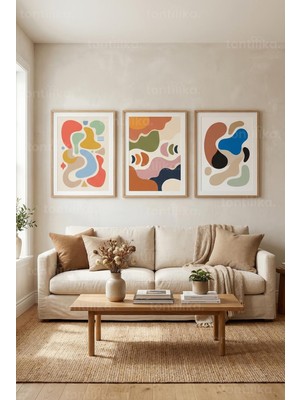 Tontilika Modern Soyut Akışkan Formlar 3’lü Ahşap Çerçeveli Tablo Seti