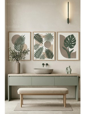 Tontilika Modern Botanik Banyo Konsepti 3’lü Ahşap Çerçeveli Tablo Seti