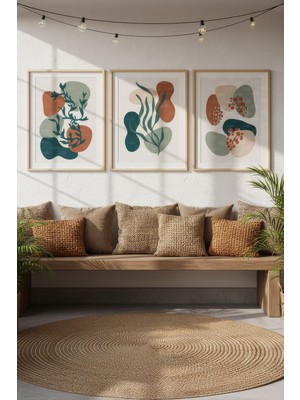 Tontilika Soyut Bitki 3’lü Modern Ahşap Çerçeveli Tablo Seti - Salon Dekoru