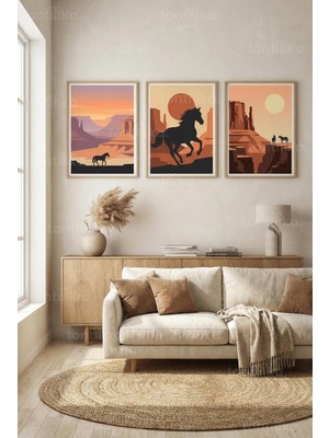 Tontilika Vahşi Batı Çöl At Silüetleri Gün Batımı 3’lü Ahşap Çerçeveli Tablo Seti