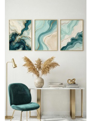 Tontilika Soyut Akışkan Altın Detaylı 3’lü Ahşap Çerçeveli Tablo Seti