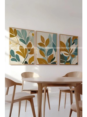 Tontilika Minimalist Yaprak Desenli 3 Parçalı Ahşap Çerçeveli Tablo Seti -2