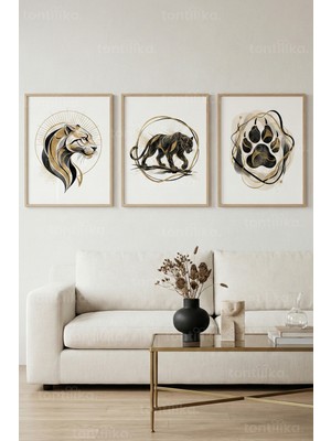Tontilika Altın Detaylı Güçlü Hayvan Sembolleri 3’lü Ahşap Çerçeveli Tablo Seti - Salon Duvar Dekoru