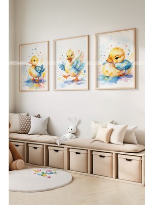 Tontilika Neşeli Civcivler 3’lü Ahşap Çerçeveli Dekoratif Tablo Seti