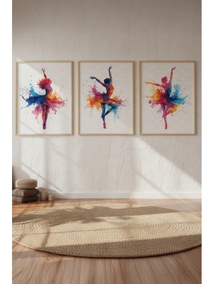 Tontilika Renkli Balerin Çizim Temalı 3’lü Ahşap Çerçeveli Tablo Seti - Salon Dekoru