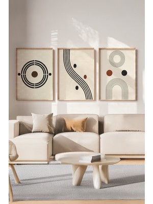 Tontilika Geometrik Minimalist Çizgi ve Daireler 3 Parçalı Ahşap Çerçeveli Tablo Seti