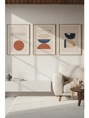 Tontilika Boho Geometrik Soyut Minimalist 3 Parçalı Ahşap Çerçeveli Tablo Seti