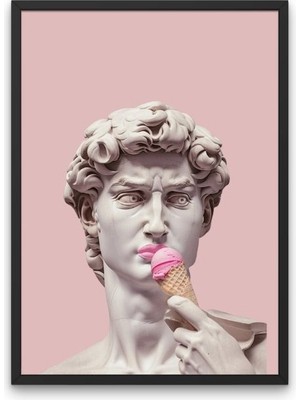 Pembe Arka Planlı, Dondurma Yiyen David Heykeli Posteri | Çerçevesiz