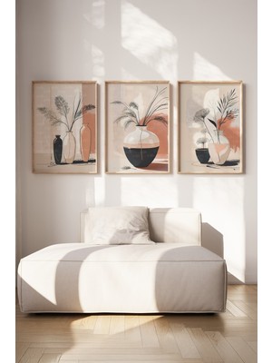 Tontilika Vazo Içinde Çiçekler 3 Parçalı Ahşap Çerçeveli Tablo Seti