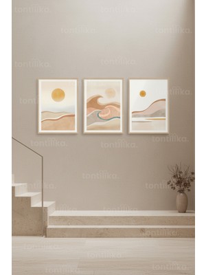 Tontilika Günbatımı ve Dalgalar Soyut Temalı 3’lü Ahşap Çerçeveli Tablo Seti
