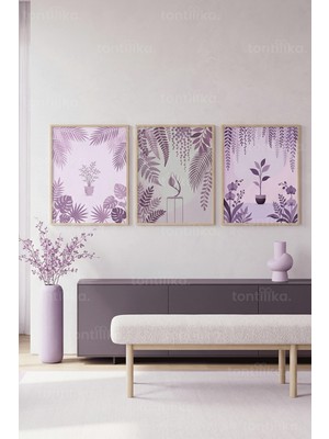 Tontilika Lavanta Botanik Desenli 3’lü Ahşap Çerçeveli Tablo Seti
