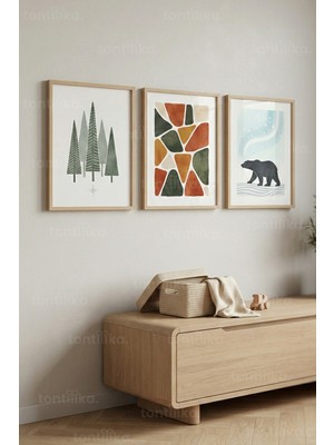 Tontilika Doğa & Soyut Hayvan Temalı Minimal 3’lü Ahşap Çerçeveli Tablo Seti – Modern Duvar Dekoru