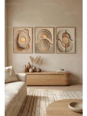 Tontilika Organik Formlar ve Güneş Işığı Temalı 3’lü Ahşap Çerçeveli Tablo Seti