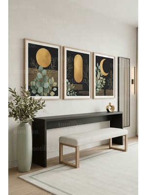 Tontilika Modern Botanik Geometrik Altın Detaylı 3’lü Ahşap Çerçeveli Tablo Seti