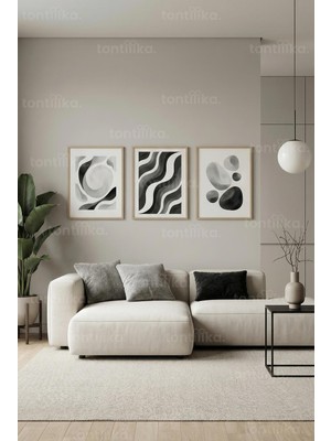 Tontilika Soyut Monokrom Akış 3’lü Ahşap Çerçeveli Tablo Seti