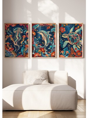 Tontilika Deniz Canlıları ve Çiçek Desenli 3 Parçalı Ahşap Çerçeveli Tablo Seti
