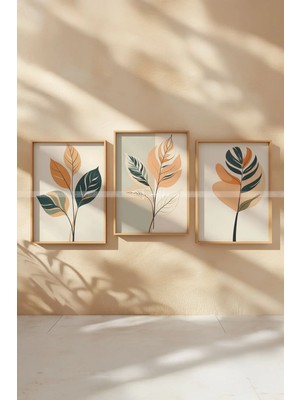 Tontilika Minimalist Yapraklar 3 Parçalı Ahşap Çerçeveli Tablo Seti