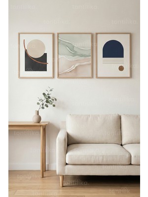 Tontilika Minimalist Soyut Formlar 3’lü Ahşap Çerçeveli Tablo Seti - Modern Duvar Dekoru