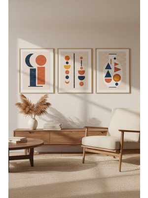 Tontilika Geometrik Soyut Şekiller 3 Parçalı Ahşap Çerçeveli Tablo Seti