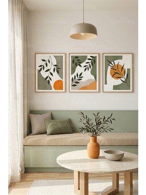 Tontilika Modern Doğal Soyut Bitki Motifleri 3’lü Ahşap Çerçeveli Tablo Seti