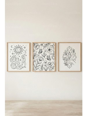 Tontilika Spiritüel Çizgi Sanatı 3’lü Ahşap Çerçeveli Tablo Seti