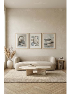 Tontilika Japandi Denge Taşları 3’lü Ahşap Çerçeveli Tablo Seti