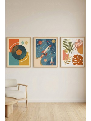 Tontilika Retro Modern Illustration 3’lü Ahşap Çerçeveli Tablo Seti