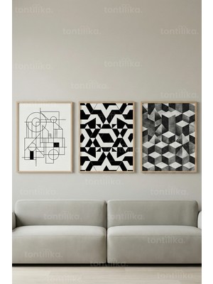 Tontilika Monokrom Geometrik 3’lü Ahşap Çerçeveli Tablo Seti