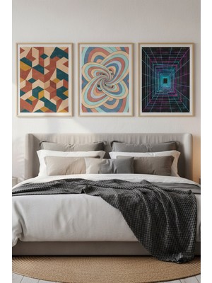 Tontilika Geometrik ve Optik Sanat 3’lü Ahşap Çerçeveli Tablo Seti - Yatak Odası Dekoru