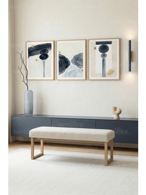 Tontilika Modern Soyut Formlar ve Dingin Mavi-Gri Tonlar 3’lü Ahşap Çerçeveli Tablo Seti