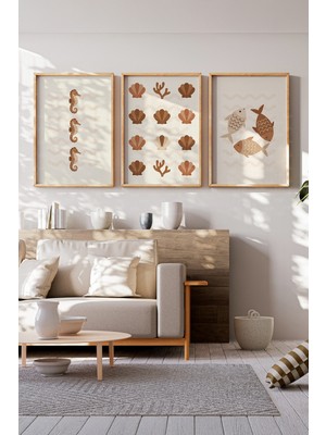 Tontilika Deniz Canlıları Minimal 3 Parçalı Ahşap Çerçeveli Tablo Seti